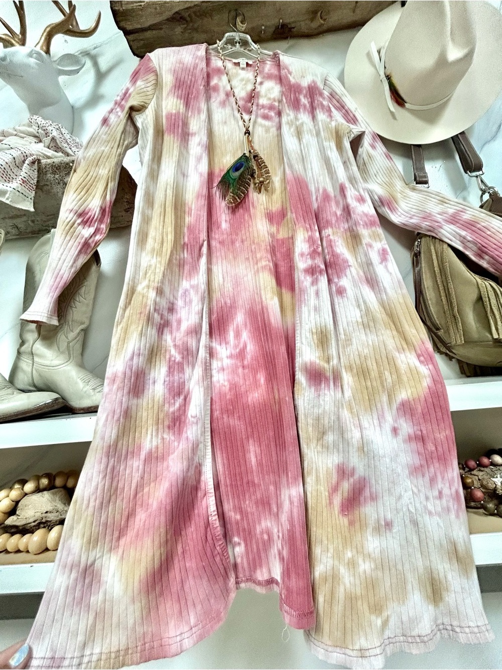 Pink Tan Tie-Dye Long Ribbed boho Cardigan w hippy festival southwestern vibe